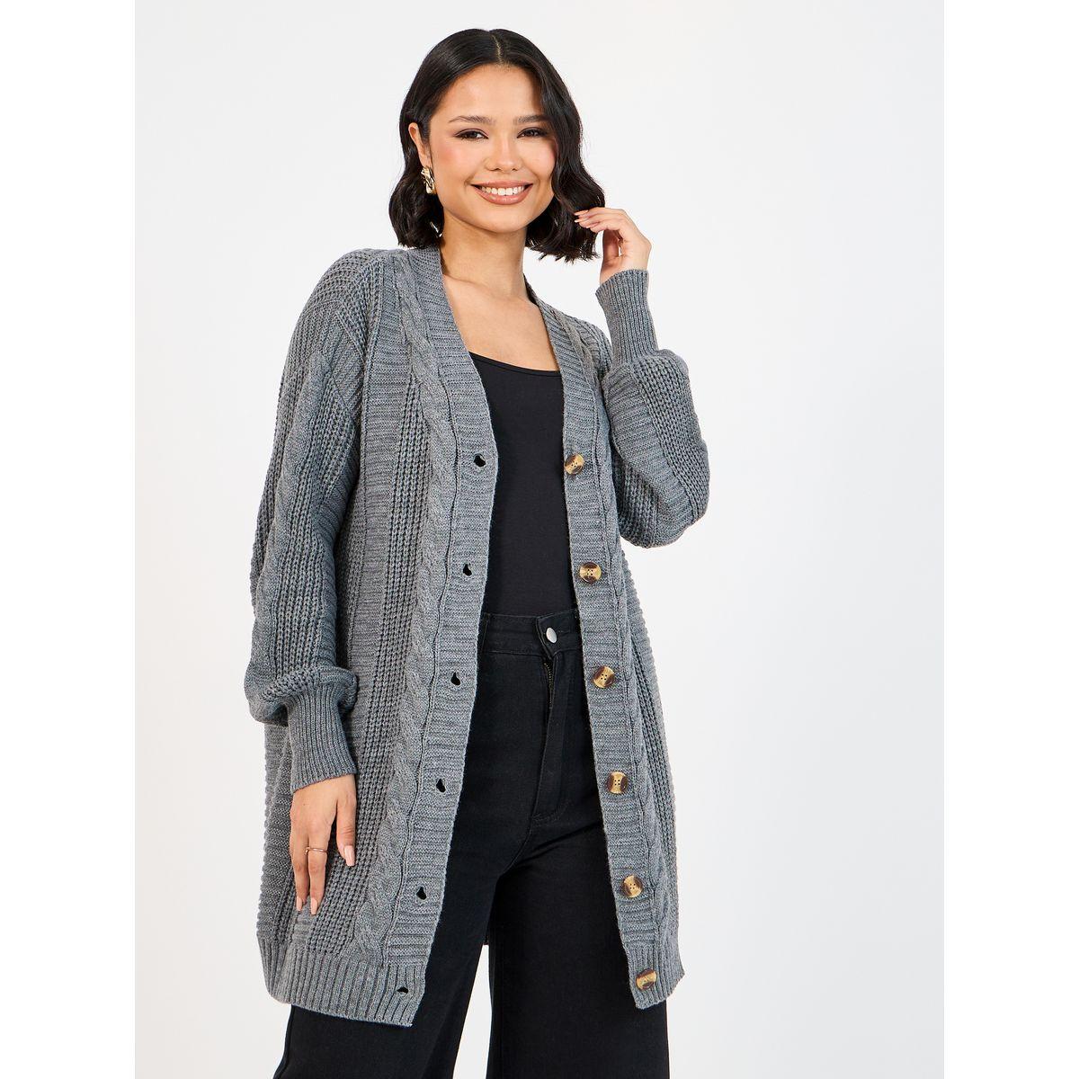 Styli Oversized Longline Cable Knit Cardigan-women-winterwear-cardigansandjumpers-cardigans-image-3
