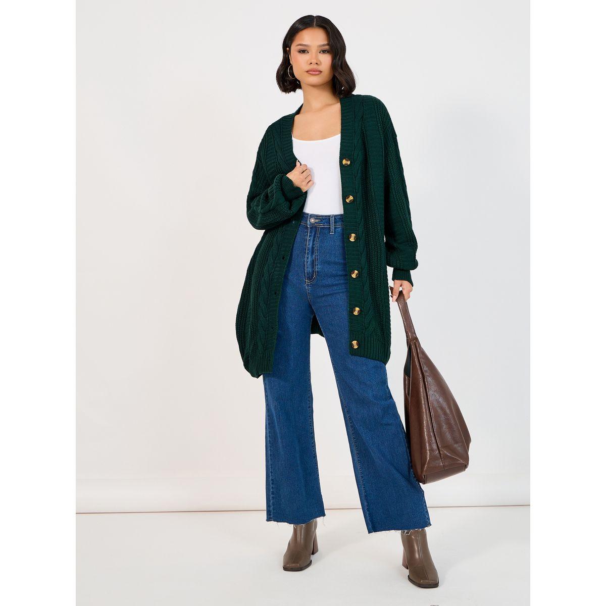Styli Oversized Longline Cable Knit Cardigan-women-winterwear-cardigansandjumpers-cardigans-image-2