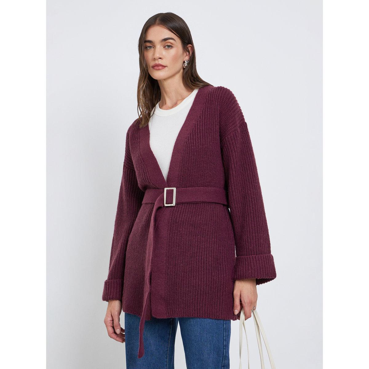 Styli Burgundy Belted Knitted Cardigan-women-winterwear-cardigansandjumpers-jumpers-image-1