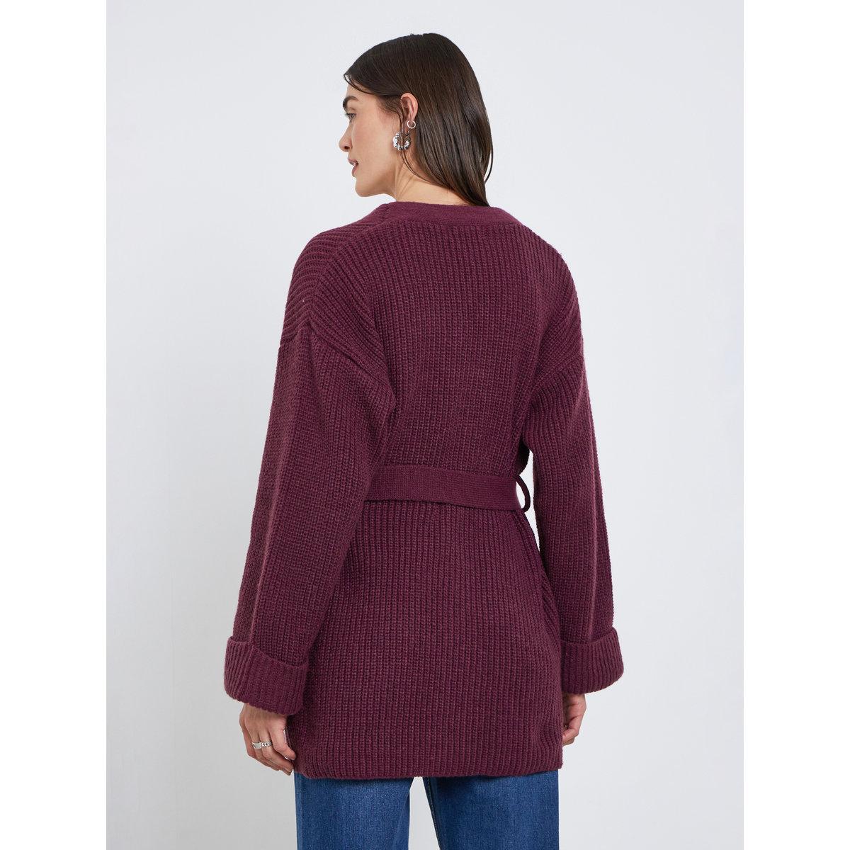 Styli Burgundy Belted Knitted Cardigan-women-winterwear-cardigansandjumpers-jumpers-image-4