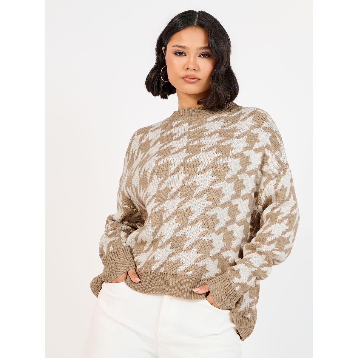 Styli Boxy Fit Regular Length Houndstooth Pattern Sweater-women-winterwear-cardigansandjumpers-jumpers-image-1