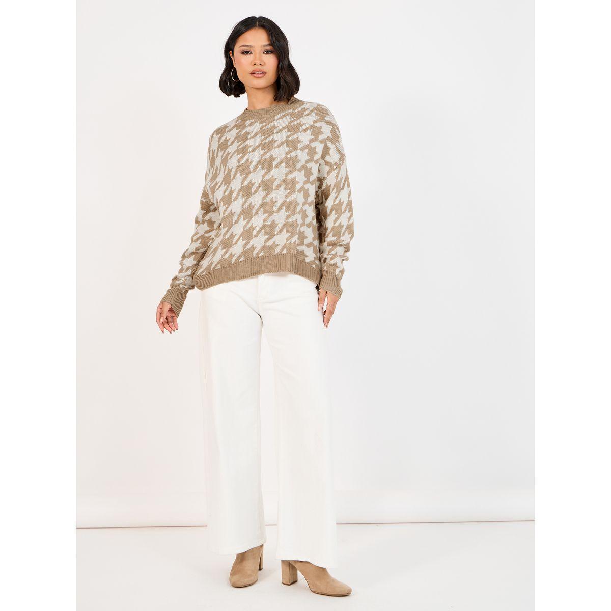 Styli Boxy Fit Regular Length Houndstooth Pattern Sweater-women-winterwear-cardigansandjumpers-jumpers-image-2