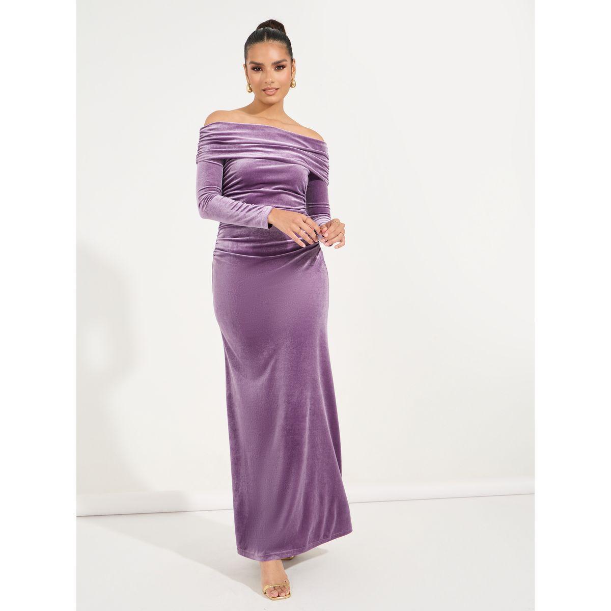 Styli Velvet Off Shoulder Long Sleeves Maxi Dress-women-clothing-dresses-image-1