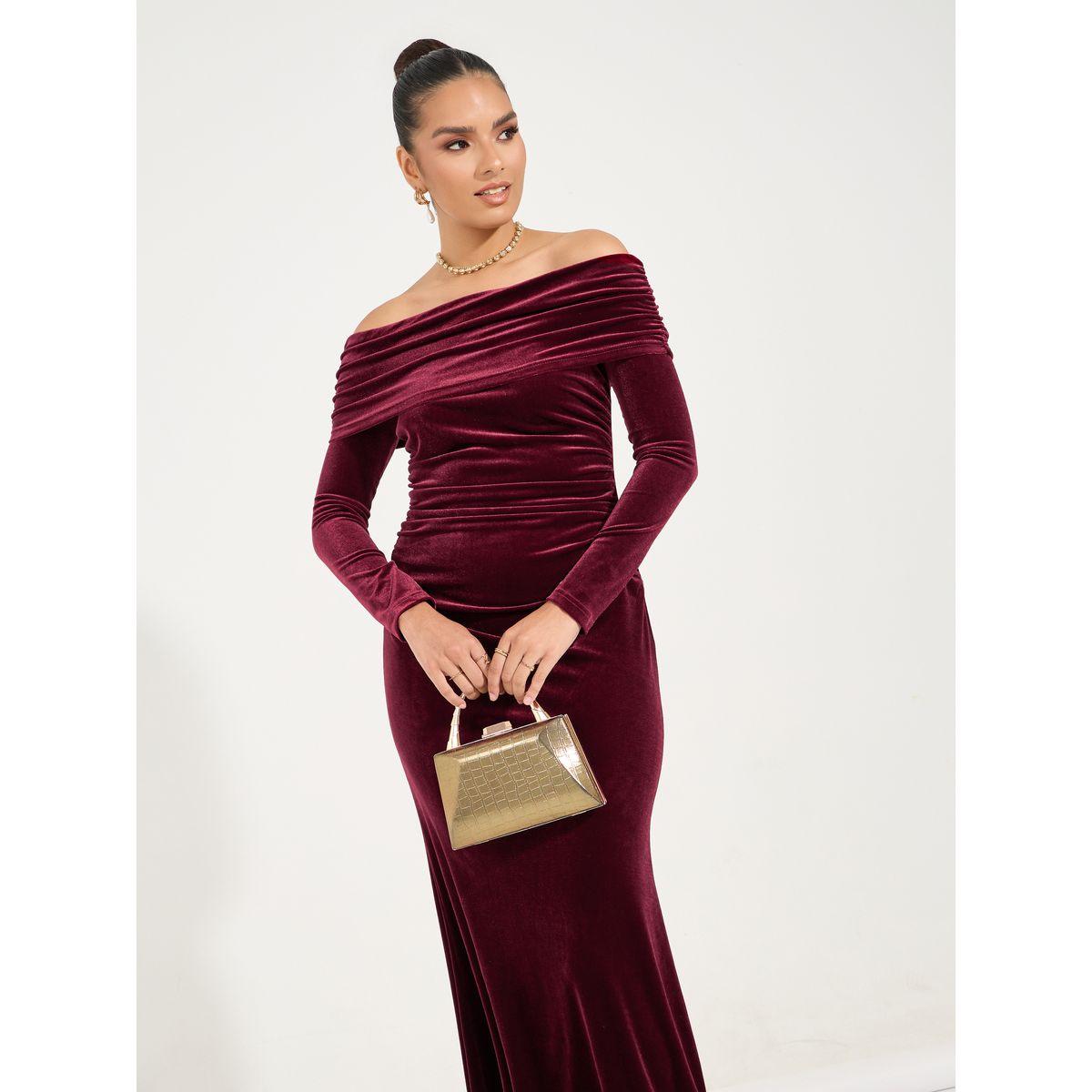 فستان طويل مخمل بأكمام طويلة وأكتاف مكشوفة-women-clothing-dresses-image-2