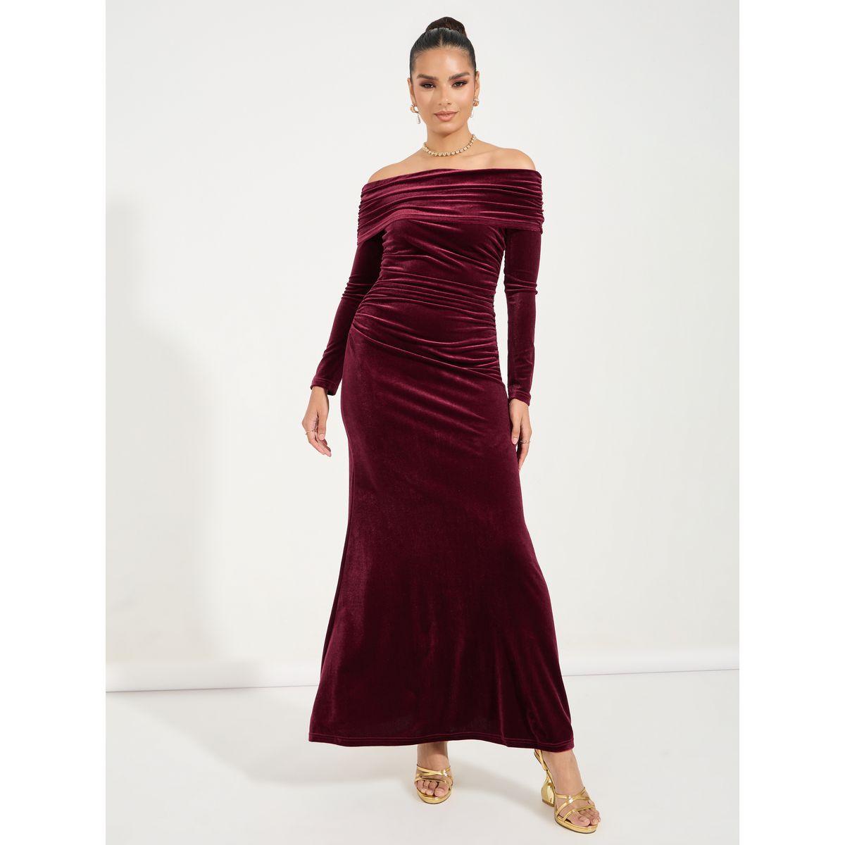 فستان طويل مخمل بأكمام طويلة وأكتاف مكشوفة-women-clothing-dresses-image-4
