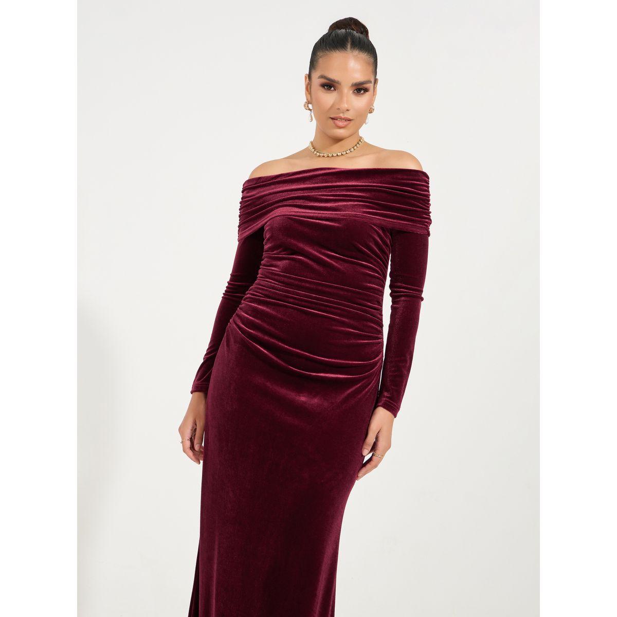 فستان طويل مخمل بأكمام طويلة وأكتاف مكشوفة-women-clothing-dresses-image-5