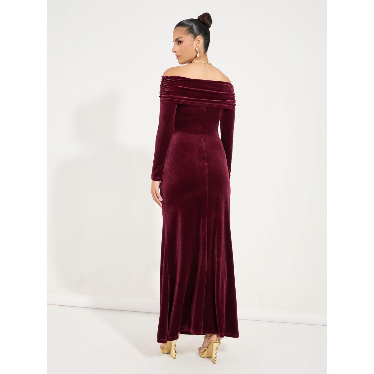 فستان طويل مخمل بأكمام طويلة وأكتاف مكشوفة-women-clothing-dresses-image-6