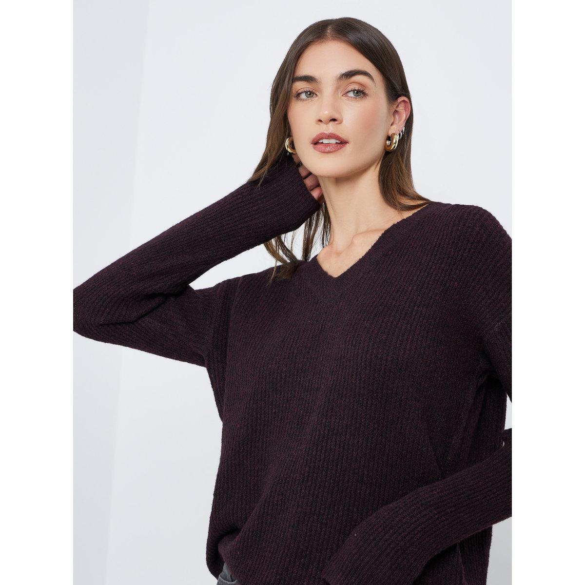 Styli Burgundy V-Neck Knitted Sweater-women-winterwear-cardigansandjumpers-jumpers-image-1