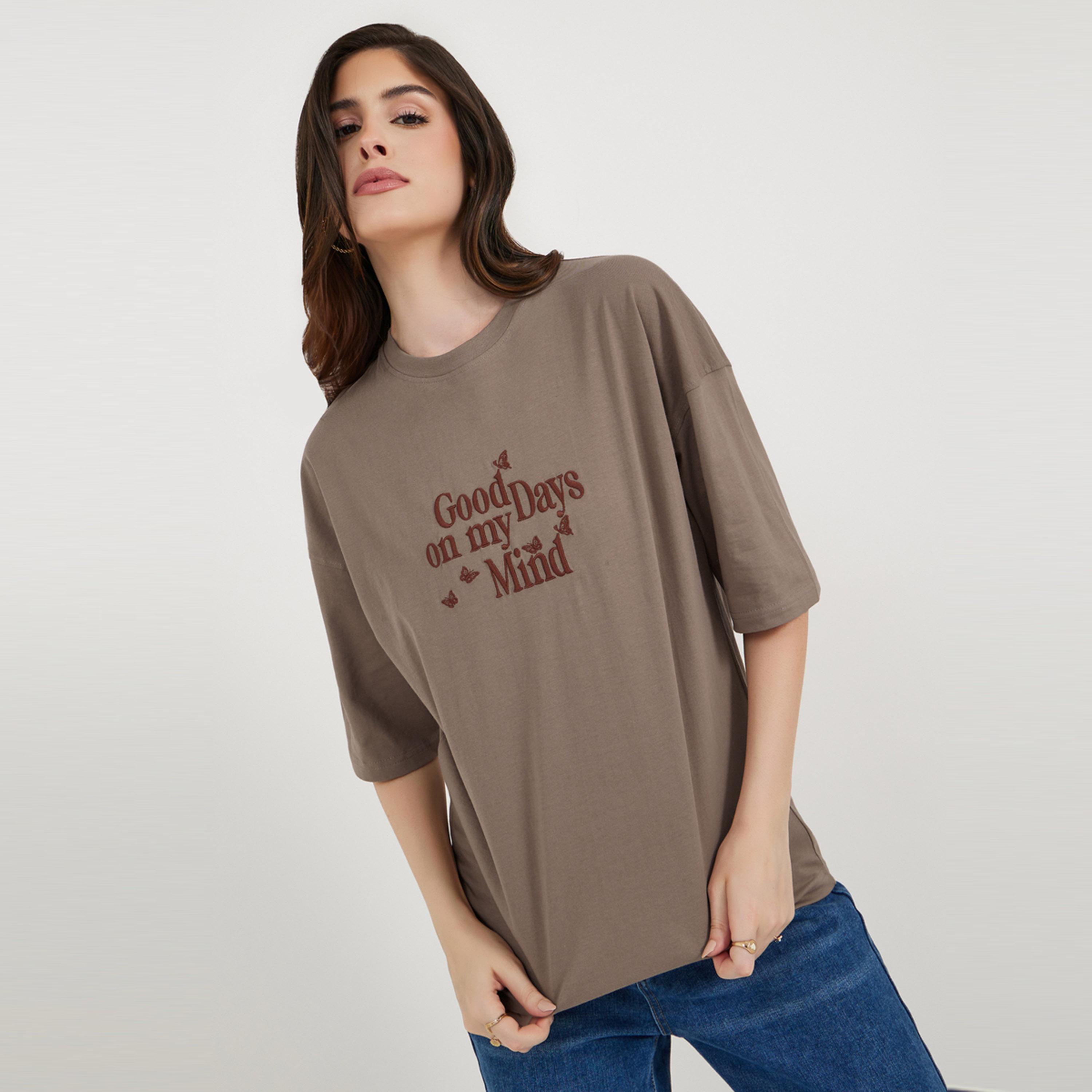 Styli Embroidered Slogan Dropped Shoulder Oversized T-Shirt-women-clothing-tshirts-image-1
