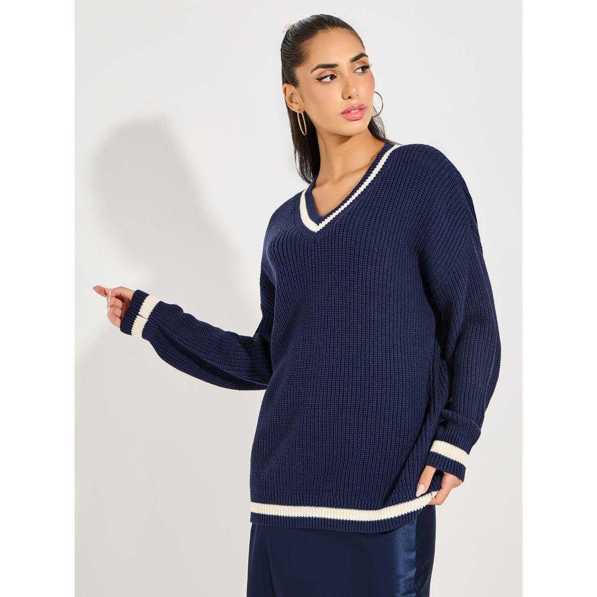 Styli Oversized Longline V Neck Sweater with Contrast Trim-women-clothing-cardigansandjumpers-jumpers-image-1