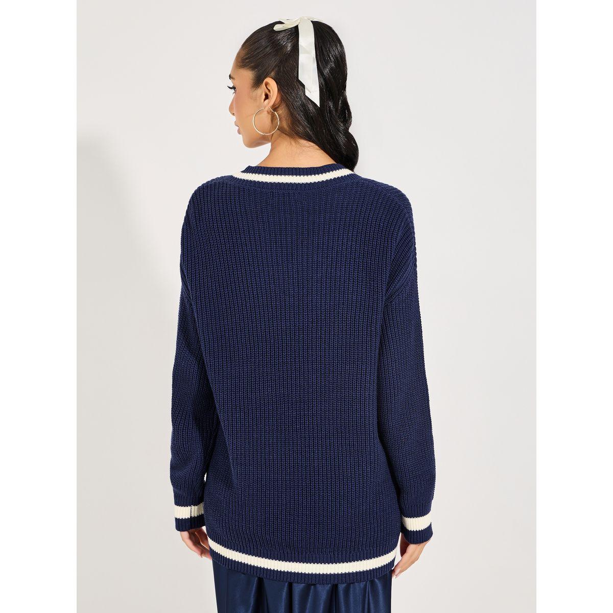 Styli Oversized Longline V Neck Sweater with Contrast Trim-women-clothing-cardigansandjumpers-jumpers-image-4
