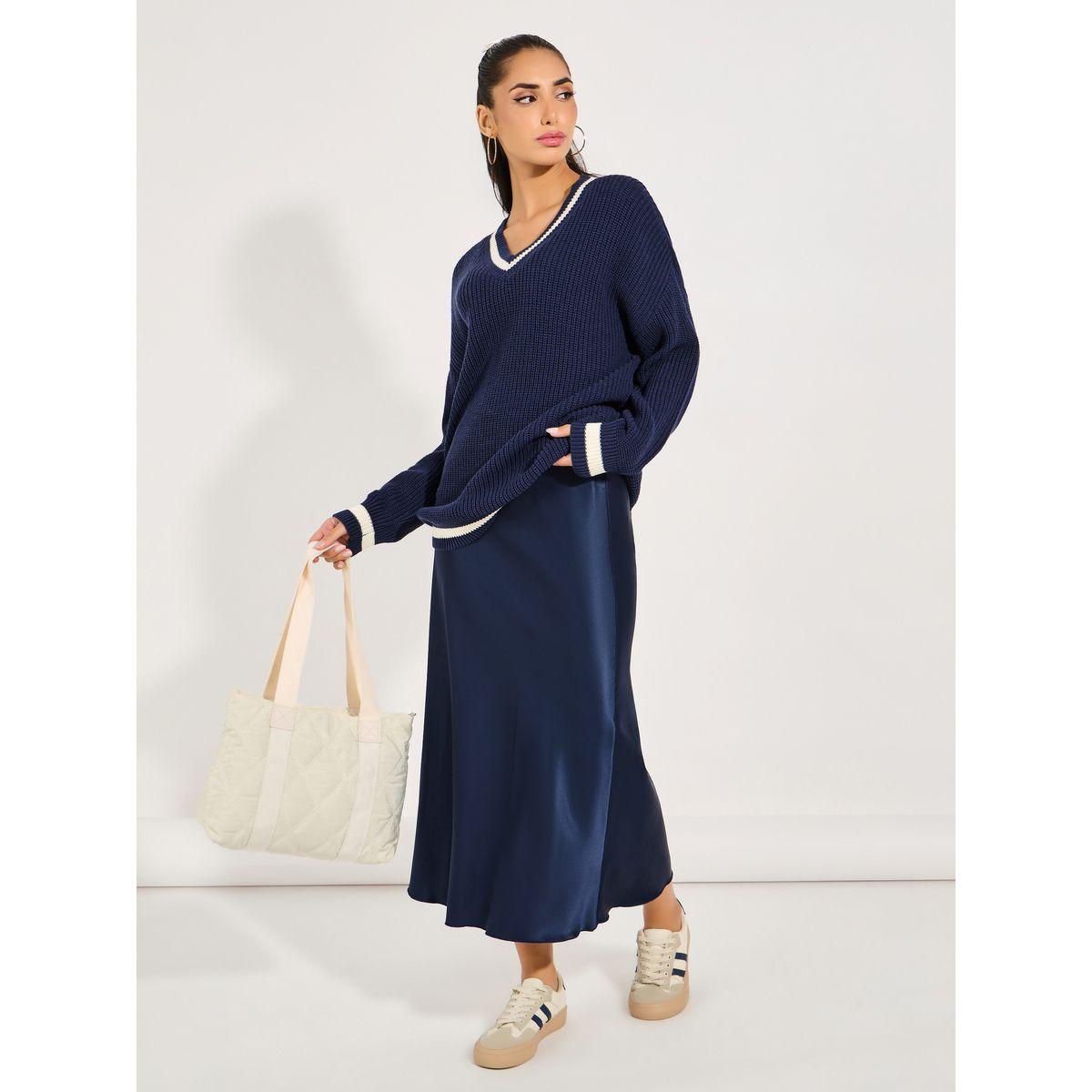 Styli Oversized Longline V Neck Sweater with Contrast Trim-women-clothing-cardigansandjumpers-jumpers-image-5