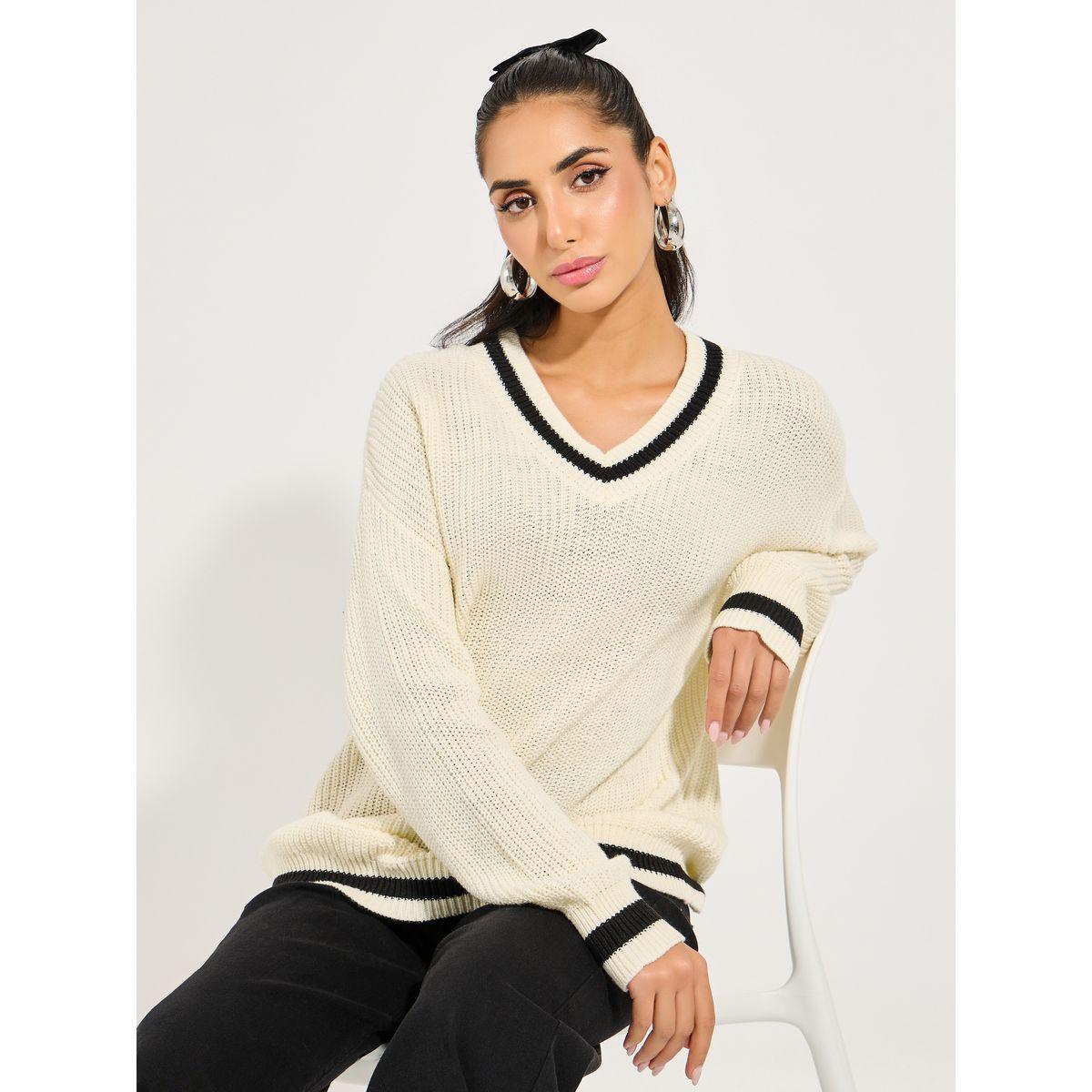 Styli Oversized Longline V Neck Sweater with Contrast Trim-women-clothing-cardigansandjumpers-jumpers-image-1