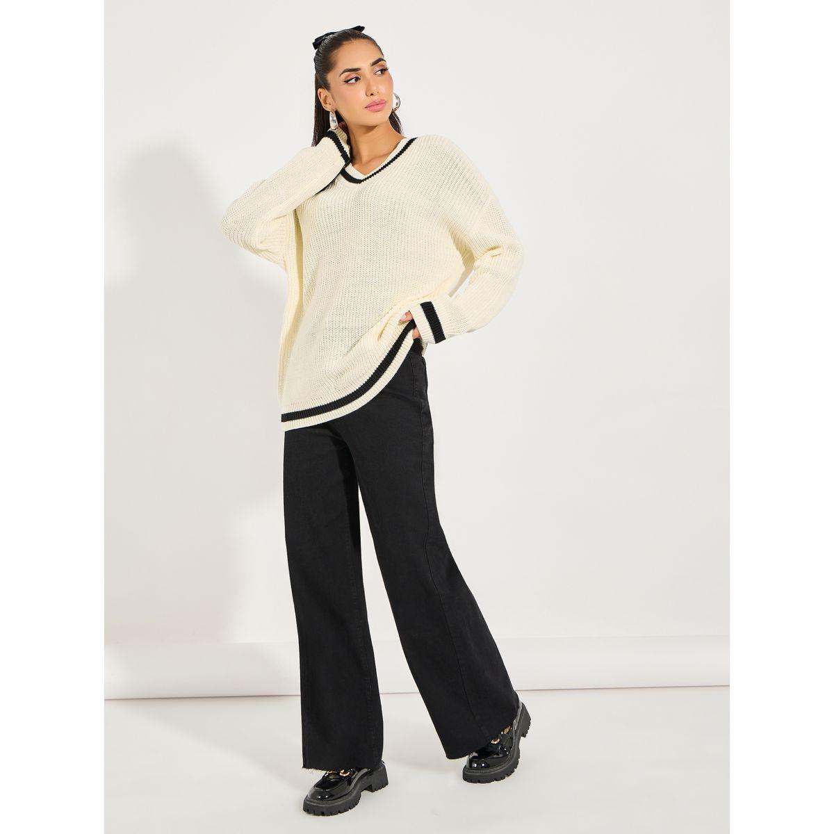 Styli Oversized Longline V Neck Sweater with Contrast Trim-women-clothing-cardigansandjumpers-jumpers-image-2