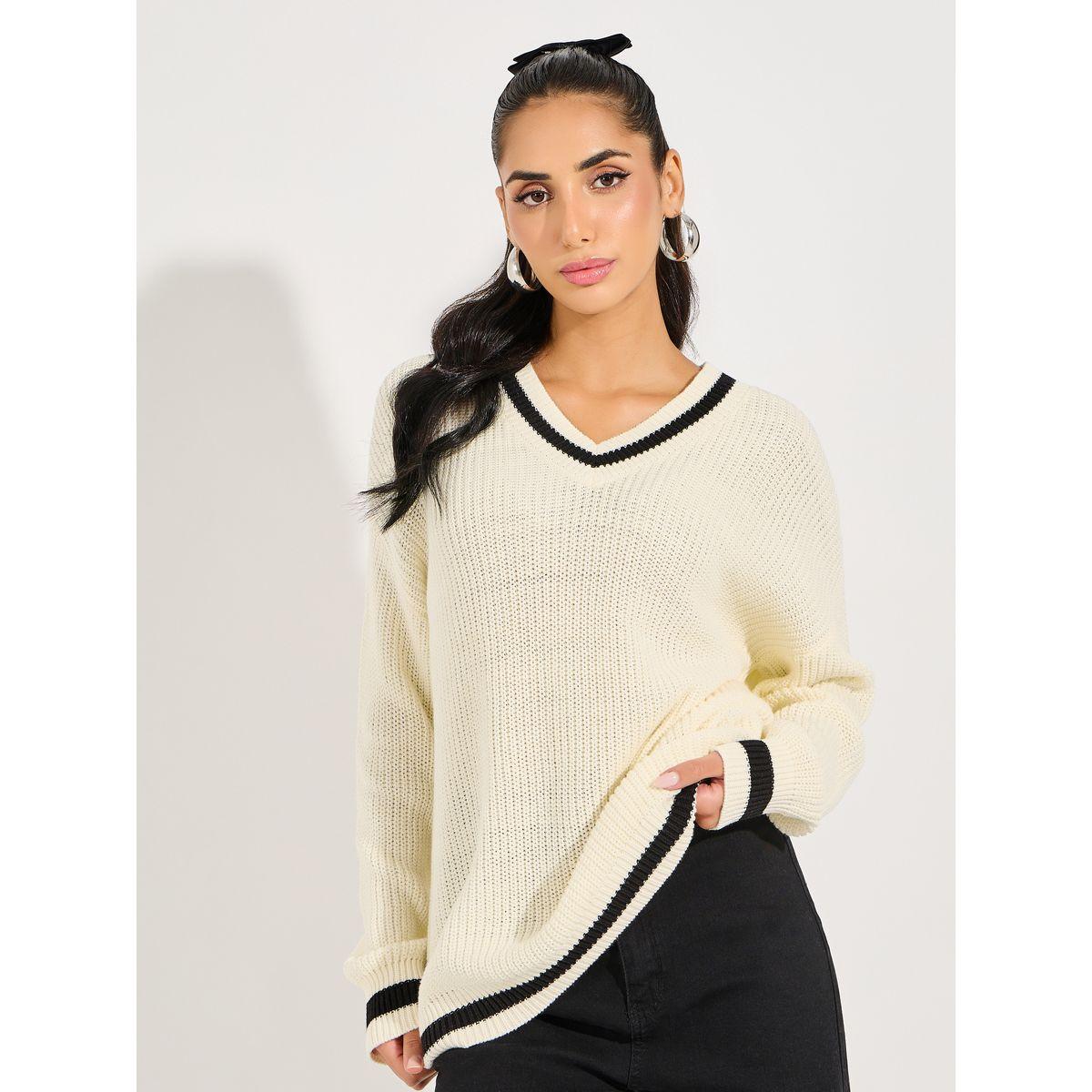 Styli Oversized Longline V Neck Sweater with Contrast Trim-women-clothing-cardigansandjumpers-jumpers-image-3