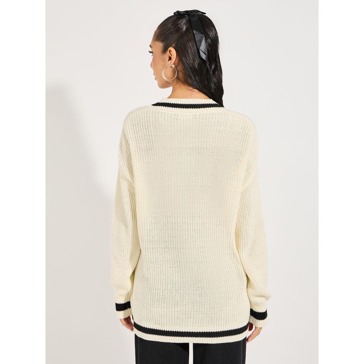 Styli Oversized Longline V Neck Sweater with Contrast Trim-women-clothing-cardigansandjumpers-jumpers-image-5