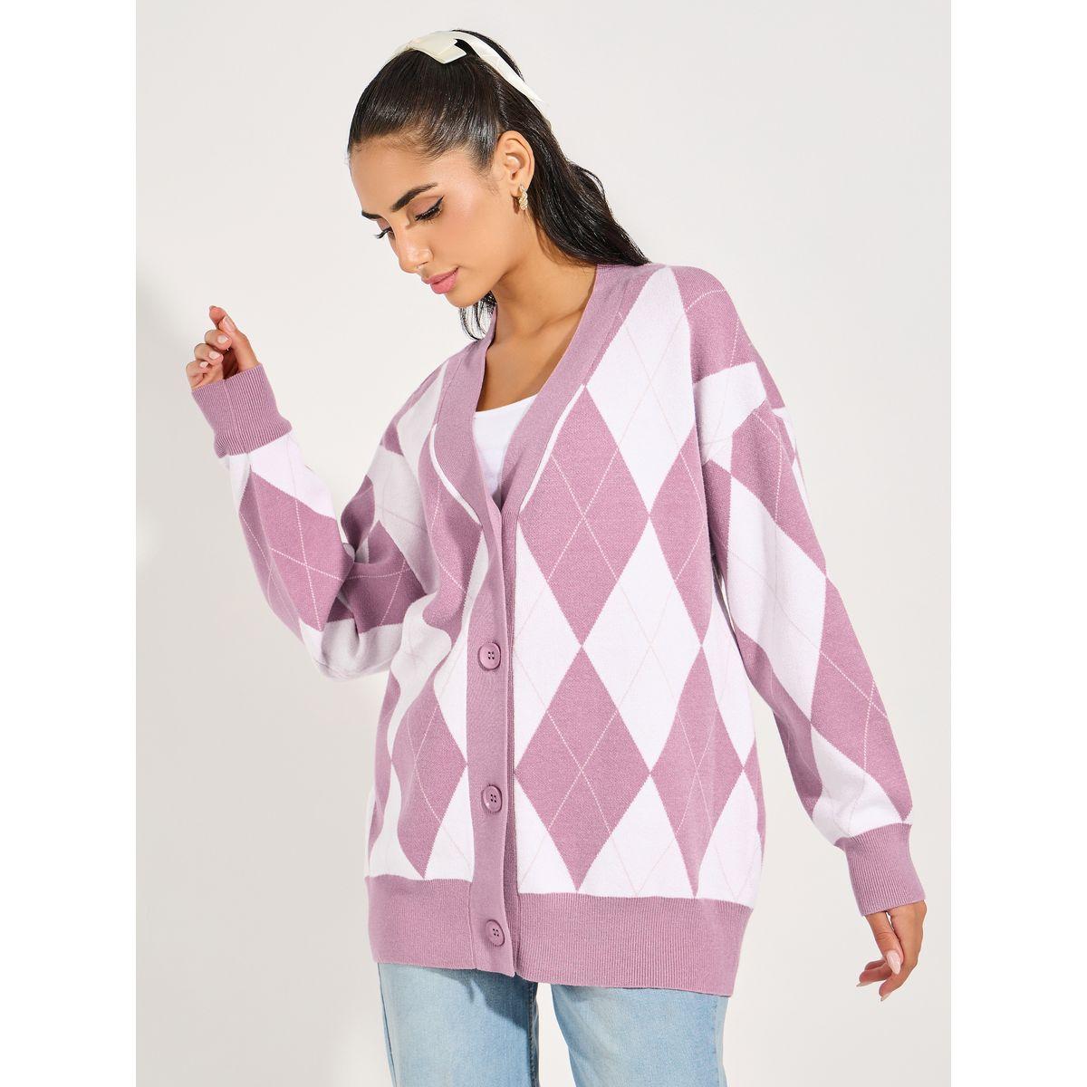 Styli Oversized Longline Button Down Argyle Cardigan-women-winterwear-cardigansandjumpers-cardigans-image-3