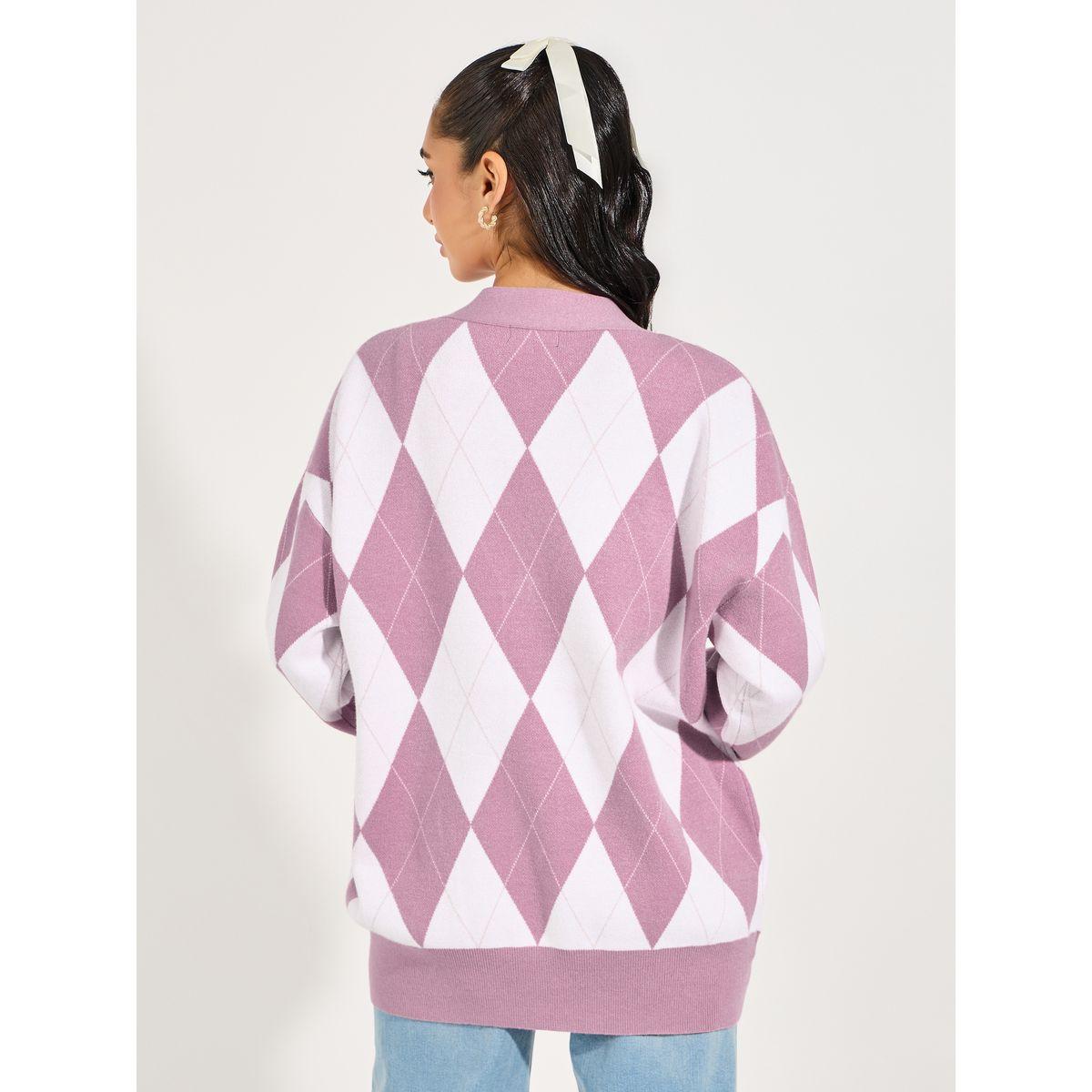 Styli Oversized Longline Button Down Argyle Cardigan-women-winterwear-cardigansandjumpers-cardigans-image-5