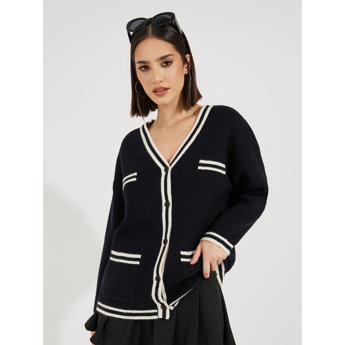 Styli Regular Fit Longline Cardigan with Contrast Detailing-women-winterwear-cardigansandjumpers-cardigans-image-1