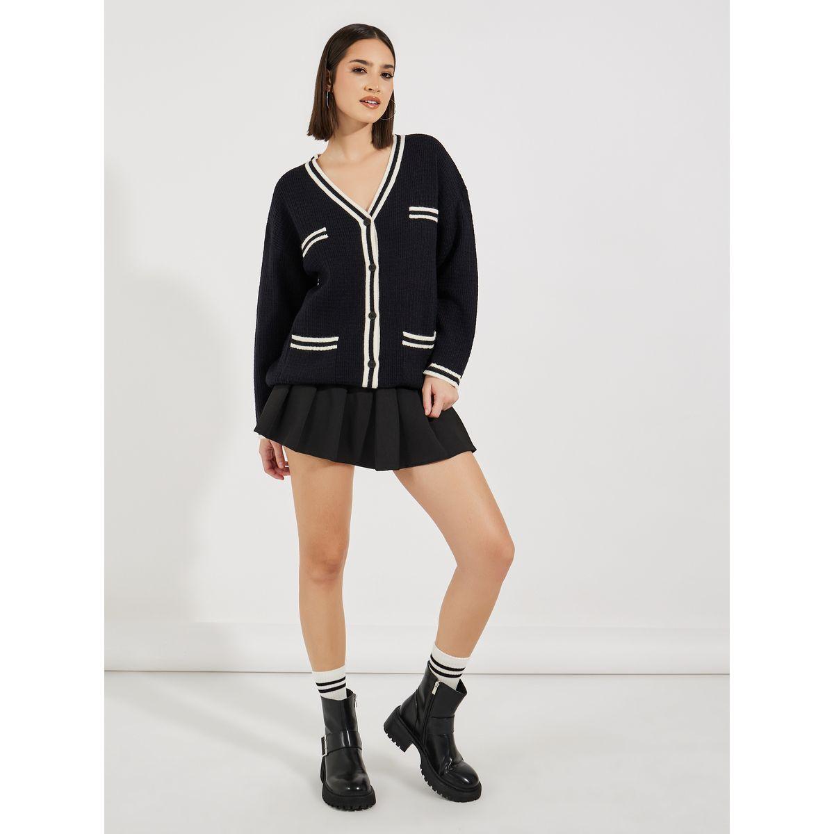Styli Regular Fit Longline Cardigan with Contrast Detailing-women-winterwear-cardigansandjumpers-cardigans-image-2