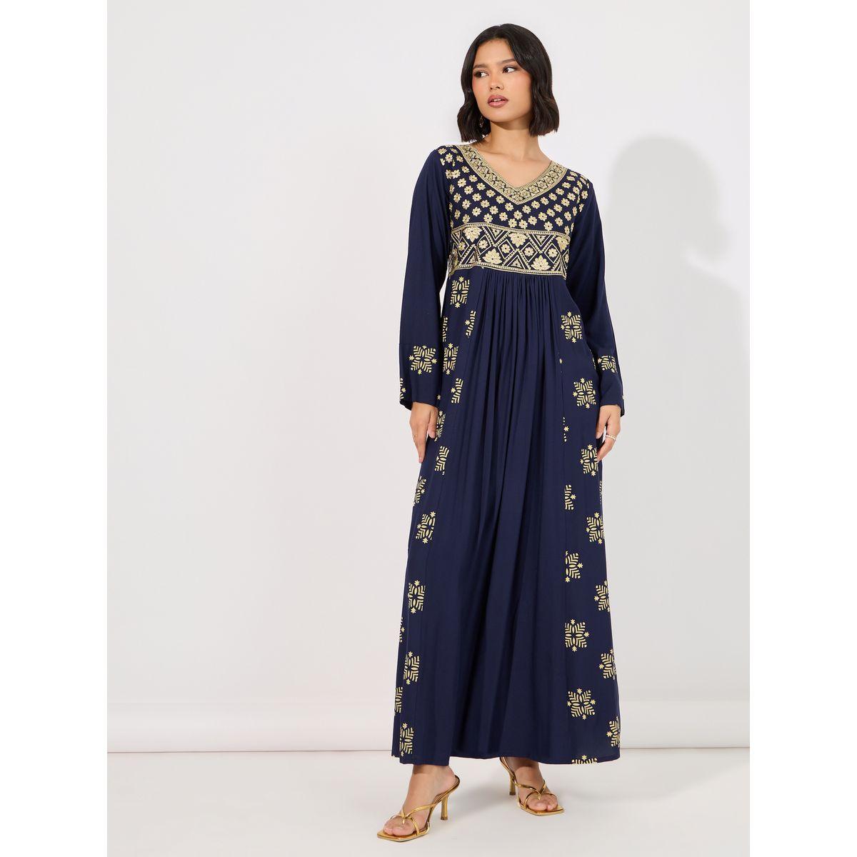 جلابية مطرزة بلوحة مطبوعة مع تفاصيل مطوية على الخصر-women-arabicclothing-jalabiyas-image-1