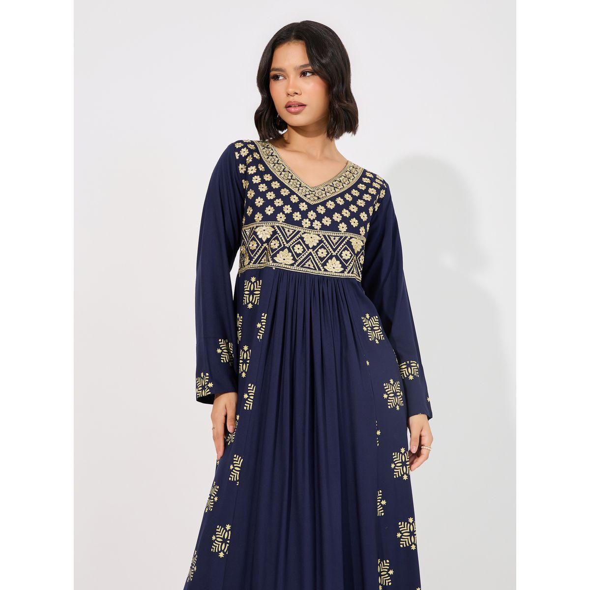 جلابية مطرزة بلوحة مطبوعة مع تفاصيل مطوية على الخصر-women-arabicclothing-jalabiyas-image-2