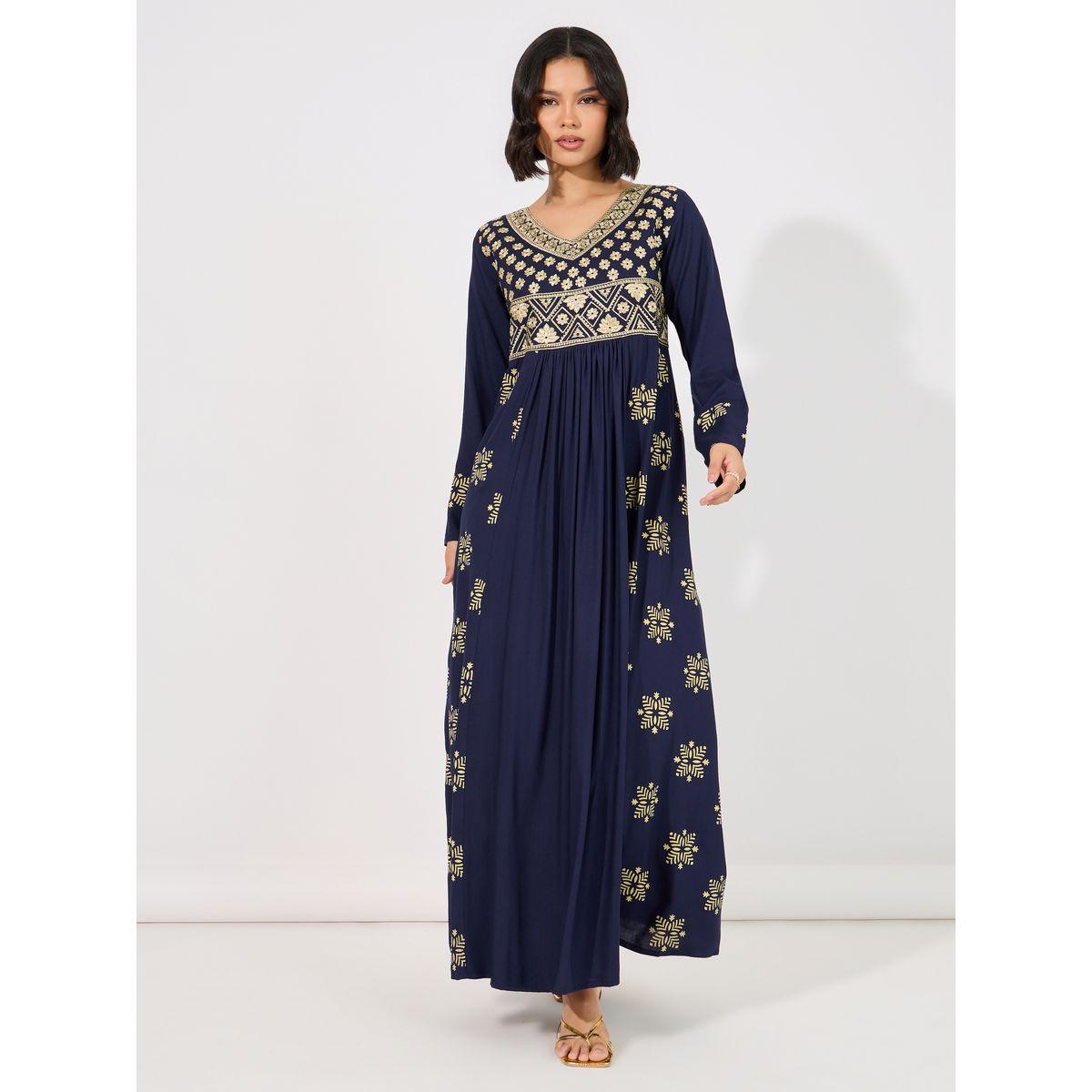 جلابية مطرزة بلوحة مطبوعة مع تفاصيل مطوية على الخصر-women-arabicclothing-jalabiyas-image-4