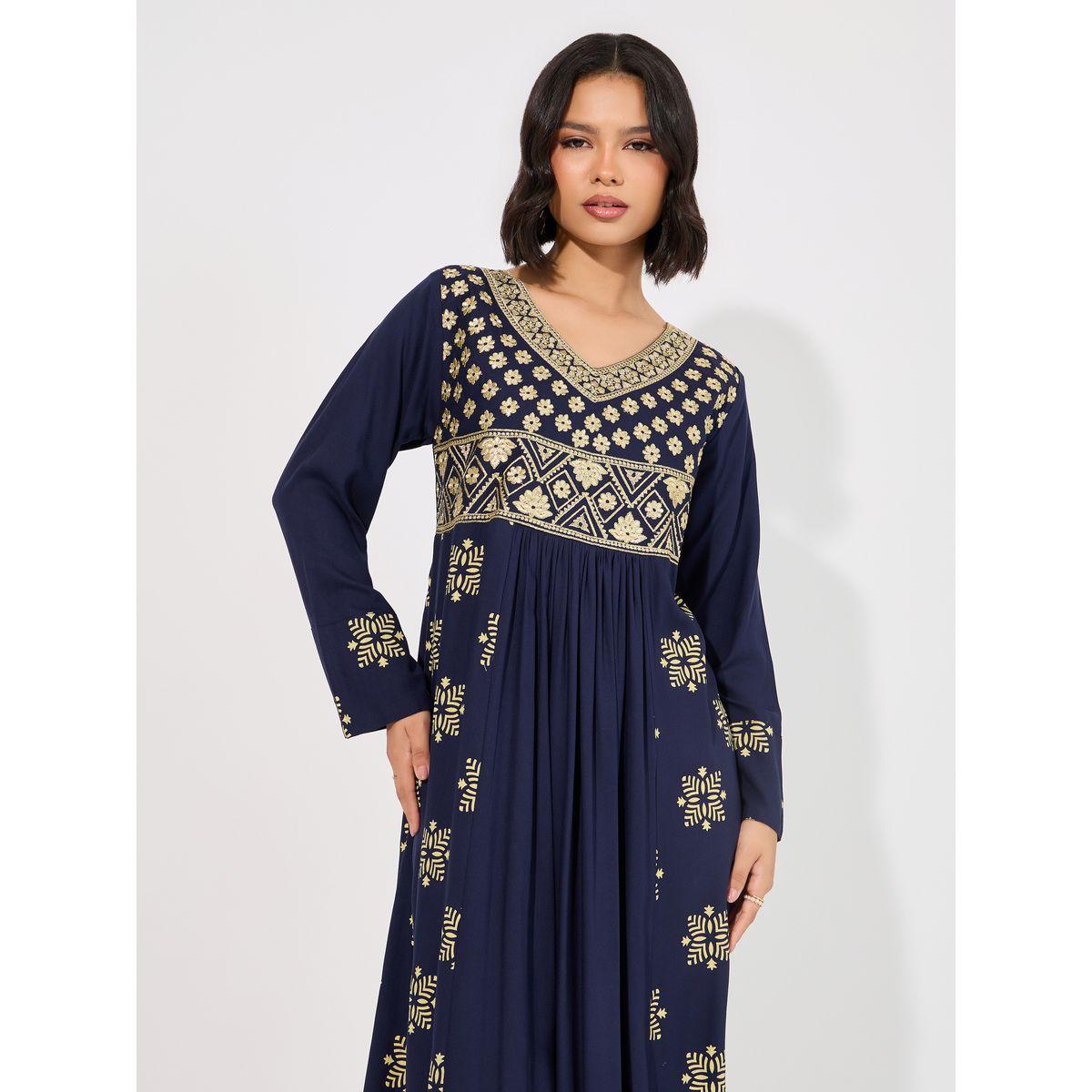 جلابية مطرزة بلوحة مطبوعة مع تفاصيل مطوية على الخصر-women-arabicclothing-jalabiyas-image-5