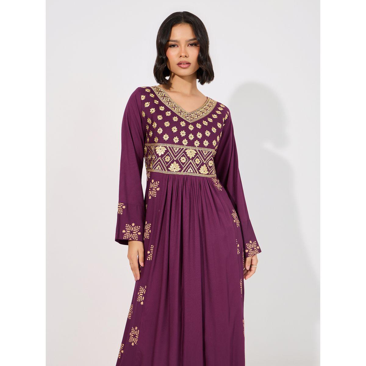 جلابية مطرزة بلوحة مطبوعة مع تفاصيل مطوية على الخصر-women-arabicclothing-jalabiyas-image-2