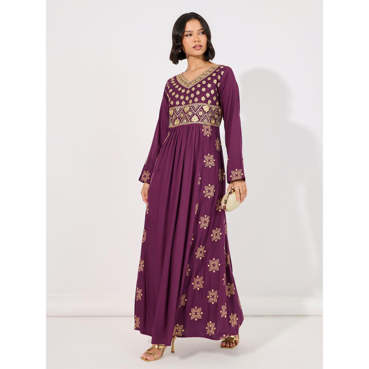 جلابية مطرزة بلوحة مطبوعة مع تفاصيل مطوية على الخصر-women-arabicclothing-jalabiyas-image-4