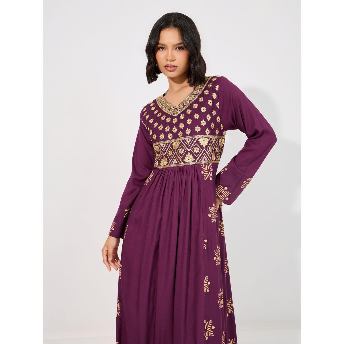 Printed Panel Embroidered Jalabiya with Waist Pleated Detail-women-arabicclothing-jalabiyas-image-5