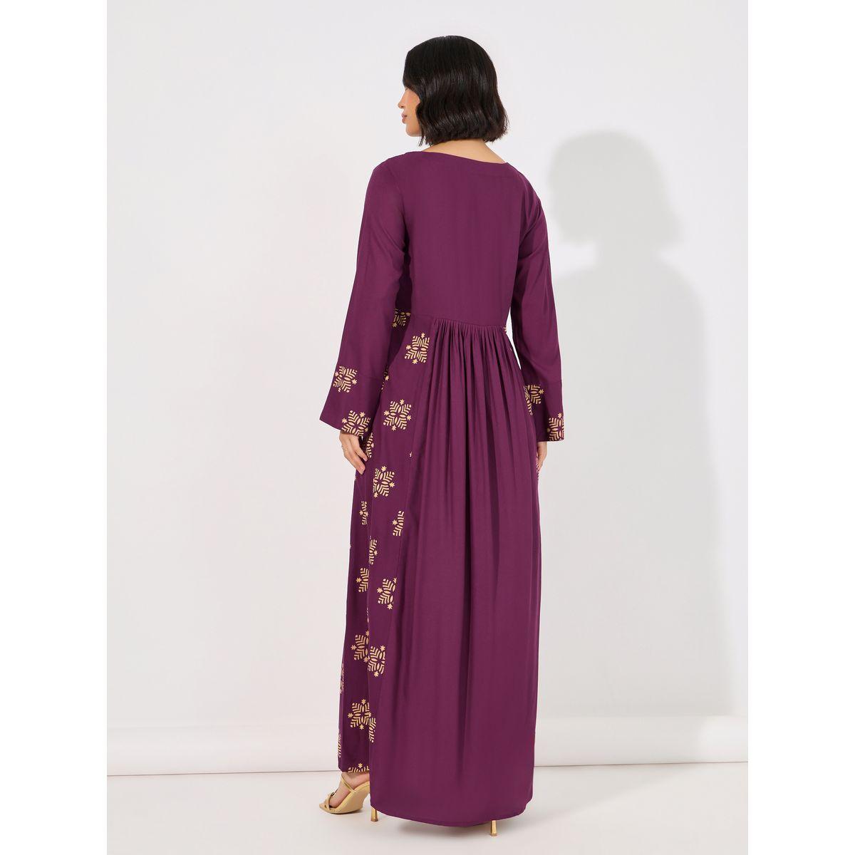 Printed Panel Embroidered Jalabiya with Waist Pleated Detail-women-arabicclothing-jalabiyas-image-6