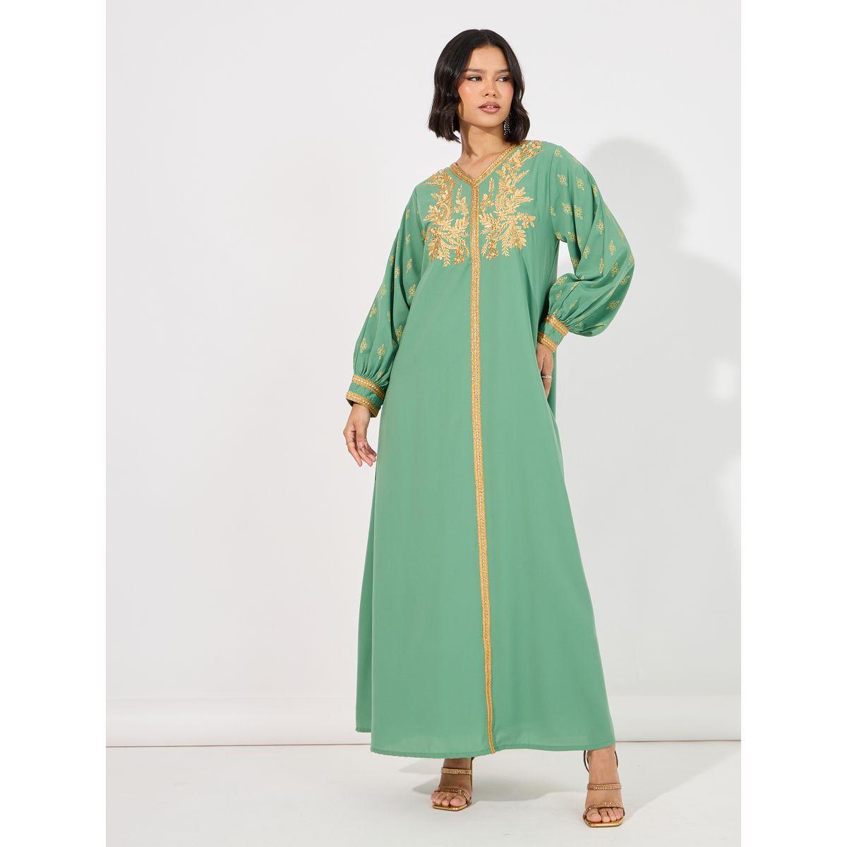 جلابية مطبوعة بأكمام بالونية ومطرزة ورقبة على شكل حرف V-women-arabicclothing-jalabiyas-image-1