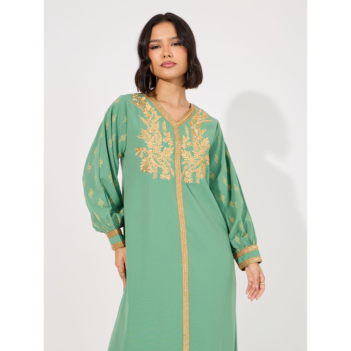 جلابية مطبوعة بأكمام بالونية ومطرزة ورقبة على شكل حرف V-women-arabicclothing-jalabiyas-image-2