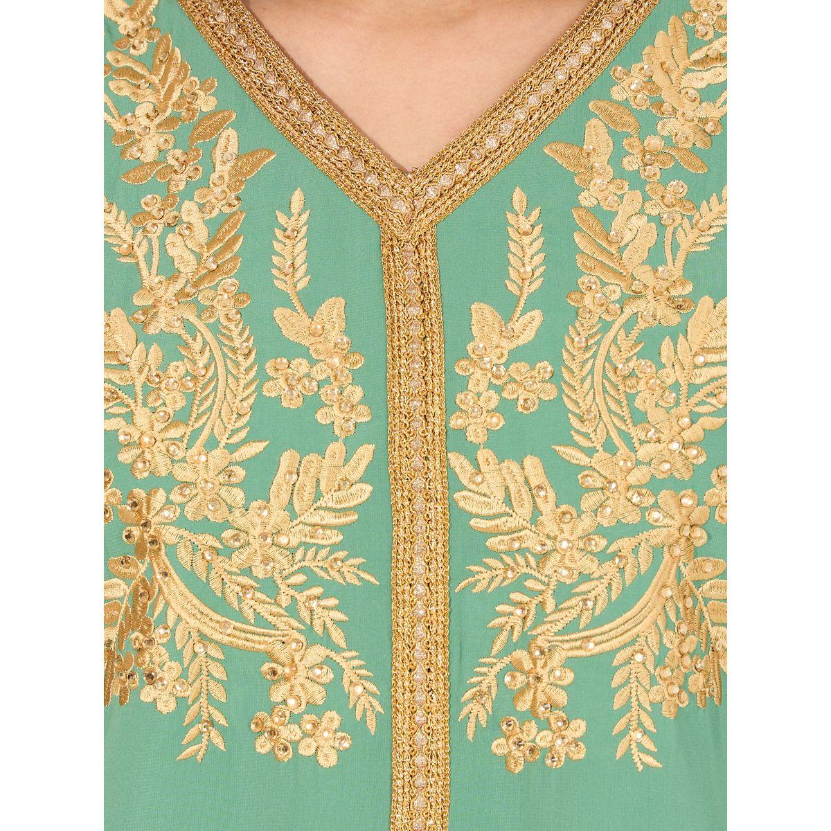 جلابية مطبوعة بأكمام بالونية ومطرزة ورقبة على شكل حرف V-women-arabicclothing-jalabiyas-image-3