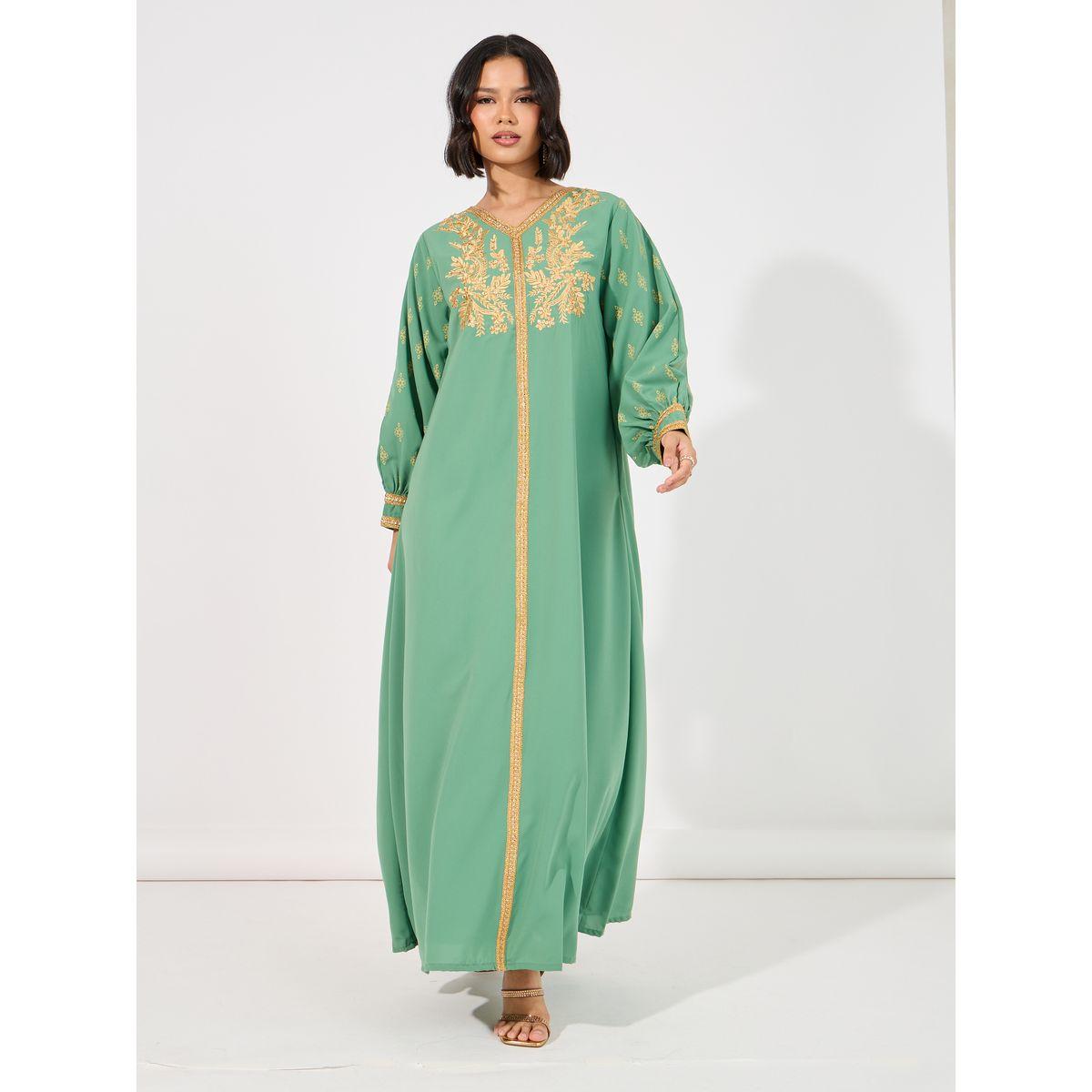جلابية مطبوعة بأكمام بالونية ومطرزة ورقبة على شكل حرف V-women-arabicclothing-jalabiyas-image-4