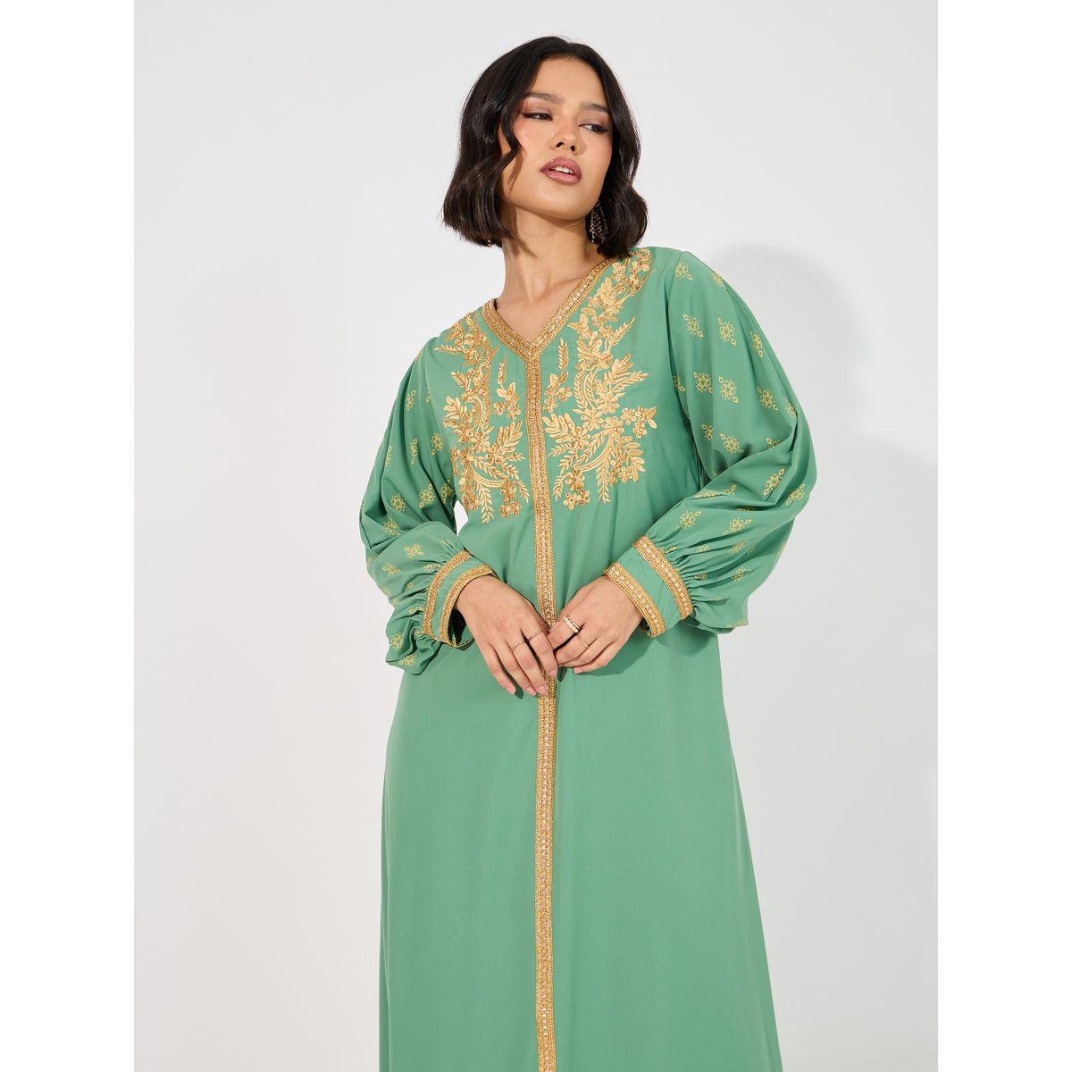 جلابية مطبوعة بأكمام بالونية ومطرزة ورقبة على شكل حرف V-women-arabicclothing-jalabiyas-image-5