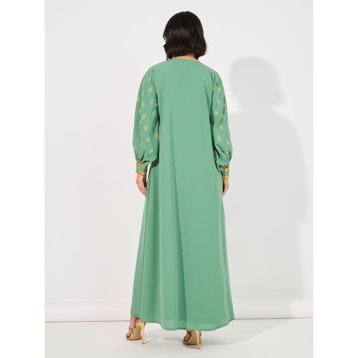 جلابية مطبوعة بأكمام بالونية ومطرزة ورقبة على شكل حرف V-women-arabicclothing-jalabiyas-image-6