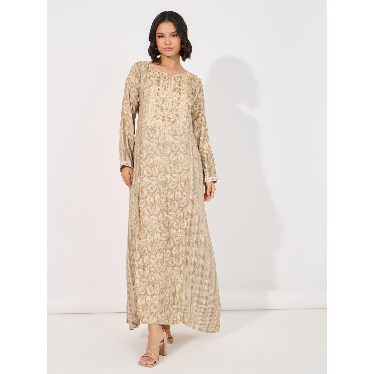 Floral Print Side Striped Notch Neck Jalabiya-women-arabicclothing-jalabiyas-image-1