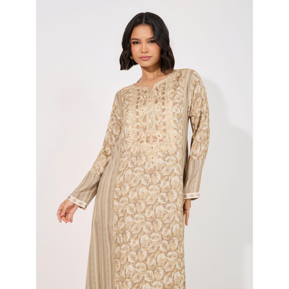 Floral Print Side Striped Notch Neck Jalabiya-women-arabicclothing-jalabiyas-image-2