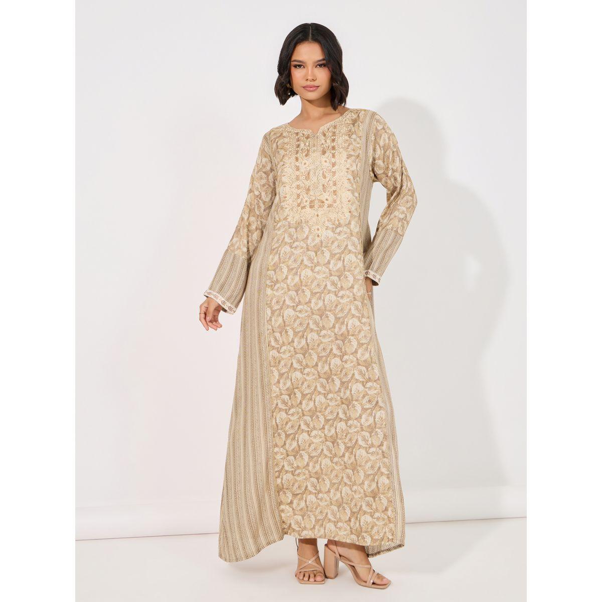 Floral Print Side Striped Notch Neck Jalabiya-women-arabicclothing-jalabiyas-image-4