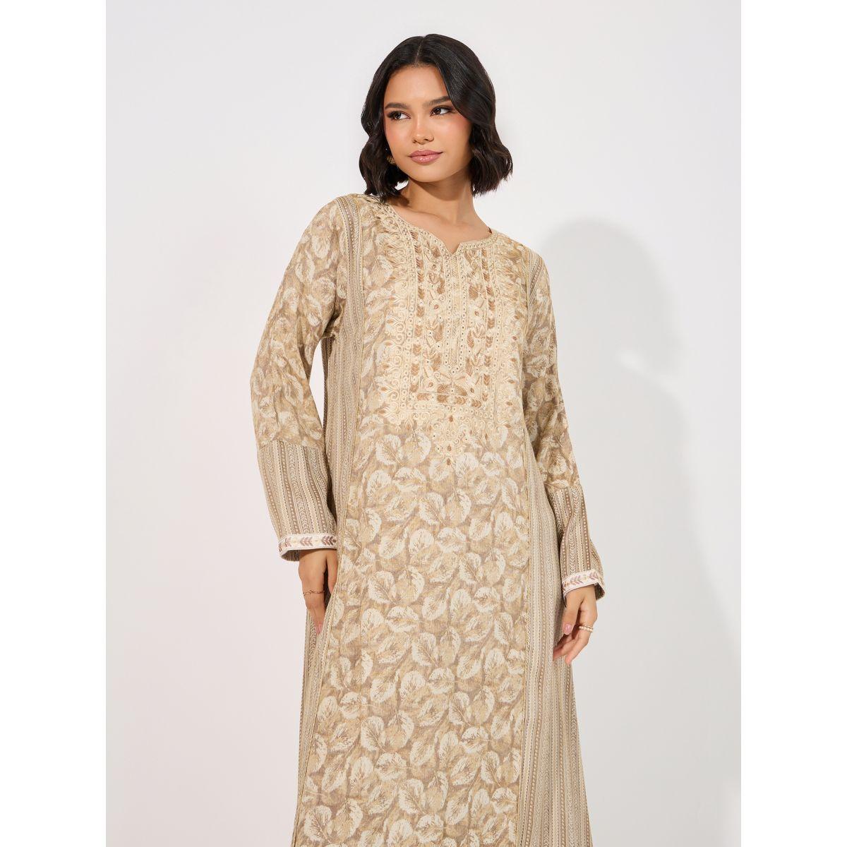 Floral Print Side Striped Notch Neck Jalabiya-women-arabicclothing-jalabiyas-image-5