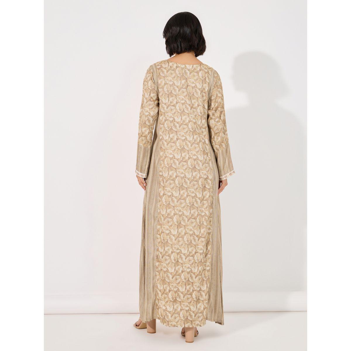 Floral Print Side Striped Notch Neck Jalabiya-women-arabicclothing-jalabiyas-image-6