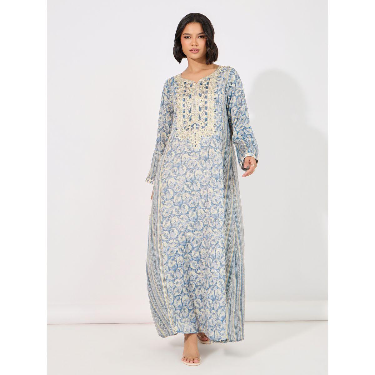 جلابية بطبعة زهور ومخططة من الجانب-women-arabicclothing-jalabiyas-image-1