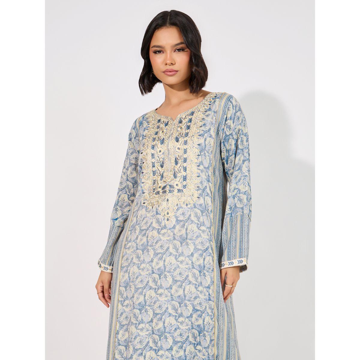 جلابية بطبعة زهور ومخططة من الجانب-women-arabicclothing-jalabiyas-image-2