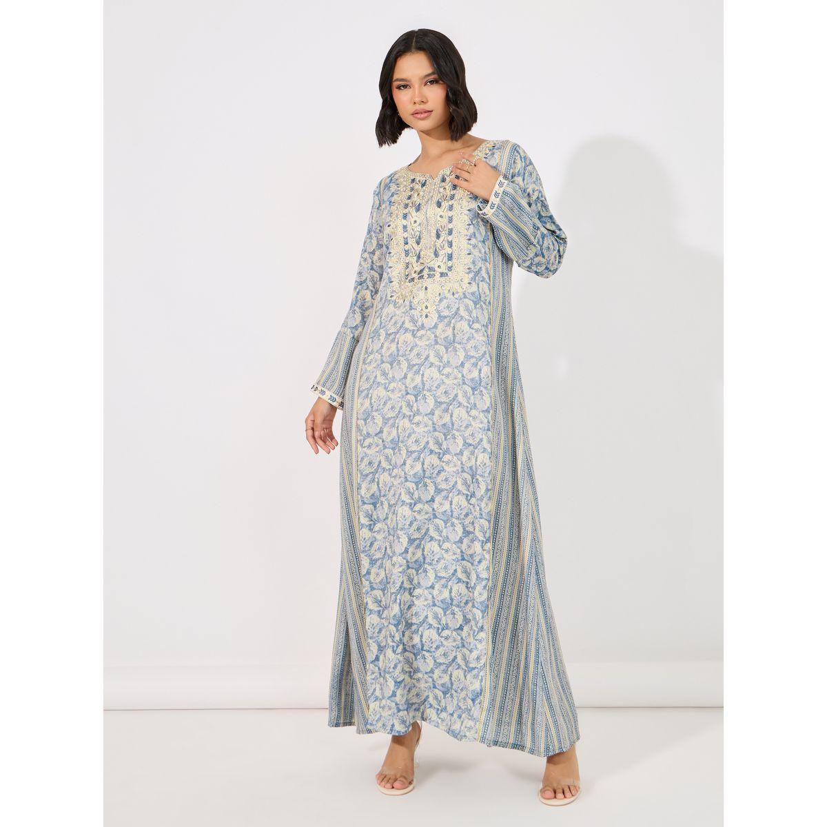 Floral Print Side Striped Notch Neck Jalabiya-women-arabicclothing-jalabiyas-image-4
