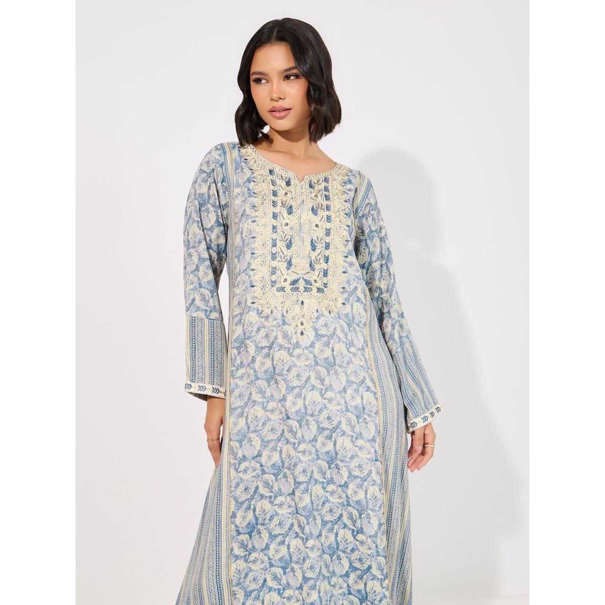 Floral Print Side Striped Notch Neck Jalabiya-women-arabicclothing-jalabiyas-image-5