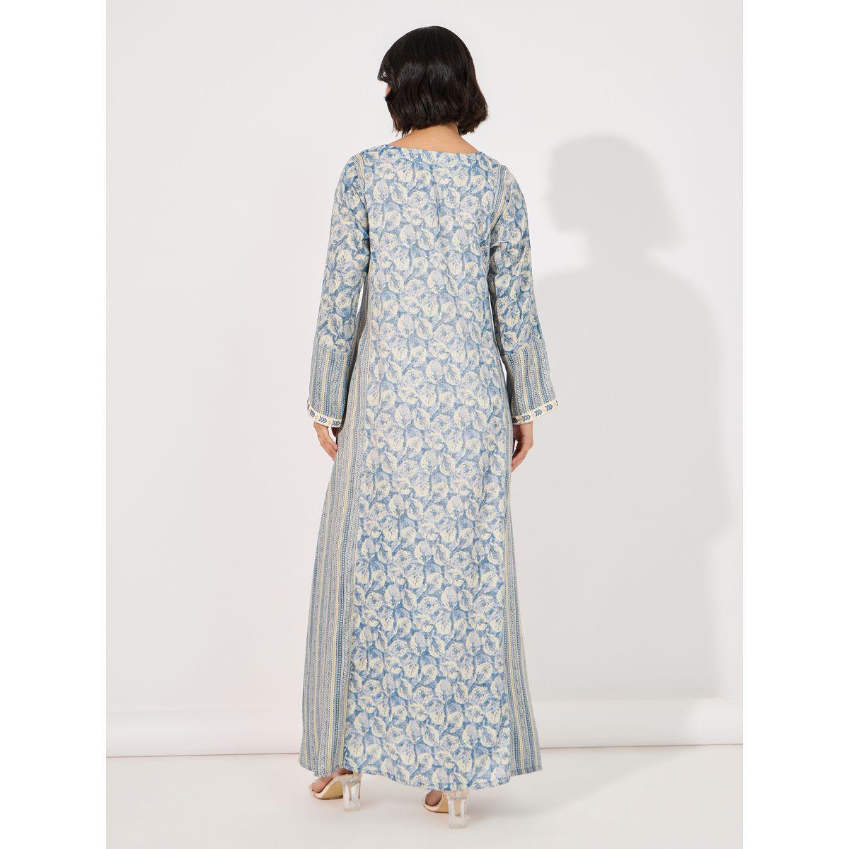 Floral Print Side Striped Notch Neck Jalabiya-women-arabicclothing-jalabiyas-image-6