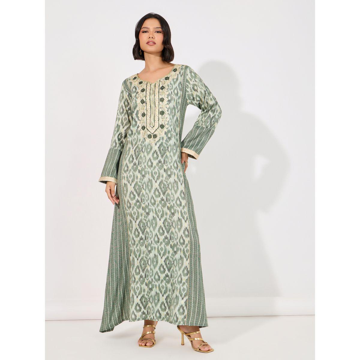 جلابية مطبوعة بالكامل على شكل حرف A مع تفاصيل مطرزة-women-arabicclothing-jalabiyas-image-1