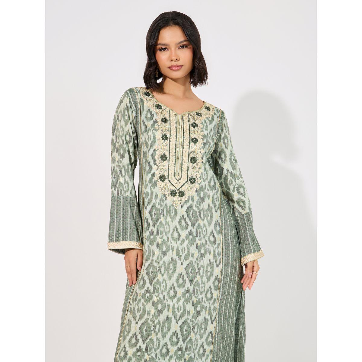 جلابية مطبوعة بالكامل على شكل حرف A مع تفاصيل مطرزة-women-arabicclothing-jalabiyas-image-2